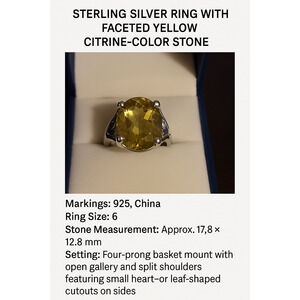 Vintage Sterling Silver Statement Ring with Faceted Yellow Citrine Stone